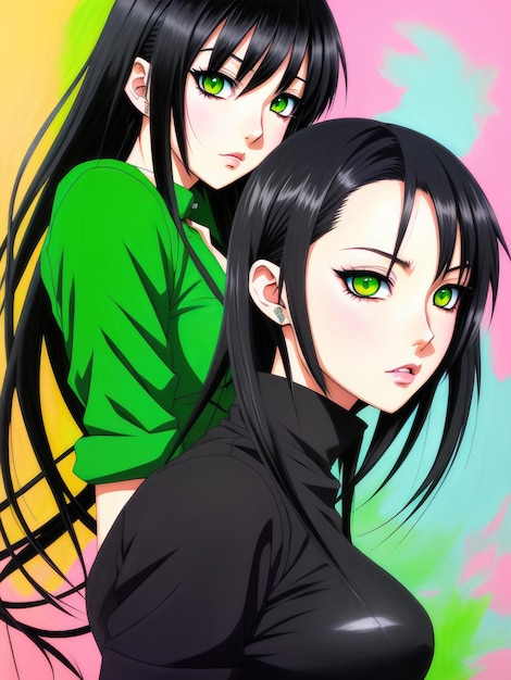 Two girls with green eyes are standing in front of a colorful background.