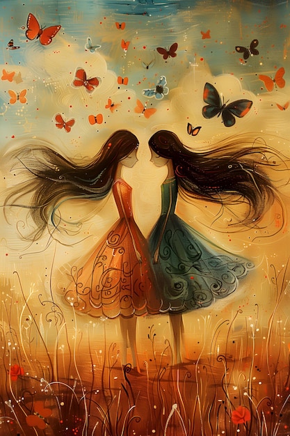 Two girls with long flowing hair wearing orange and blue dresses standing in a field with butterflies and flowers