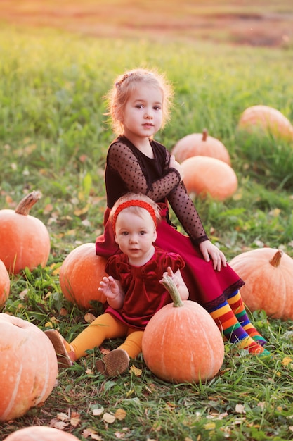 Two girls with pumpins on field at sunset