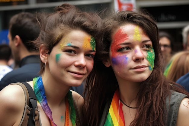 Two girls with rainbow colored faces are posing for a photo.