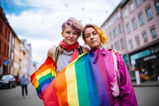 Photo two girls with rainbow colored hair are holding a rainbow flag