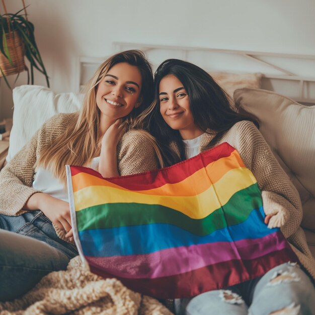 Photo two girls with a rainbow flag on a couch