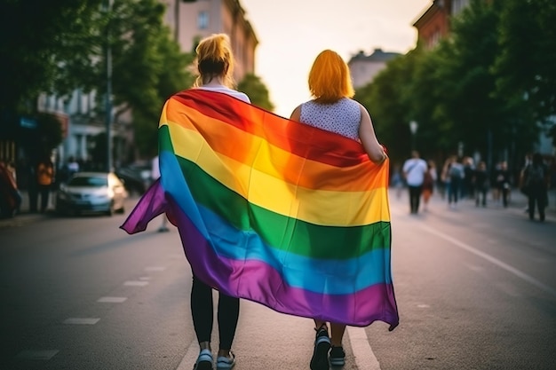 two girls with their backs turned walking down the street with the rainbow flag