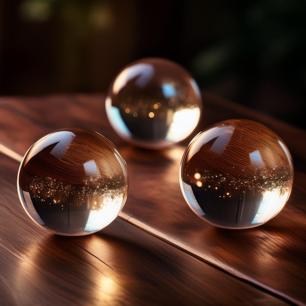 Photo two glass balls sit on a table one of which is reflecting the city lights