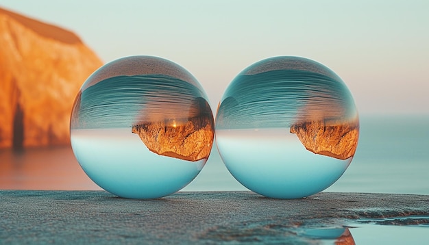 Photo two glass balls with the sunset in the background