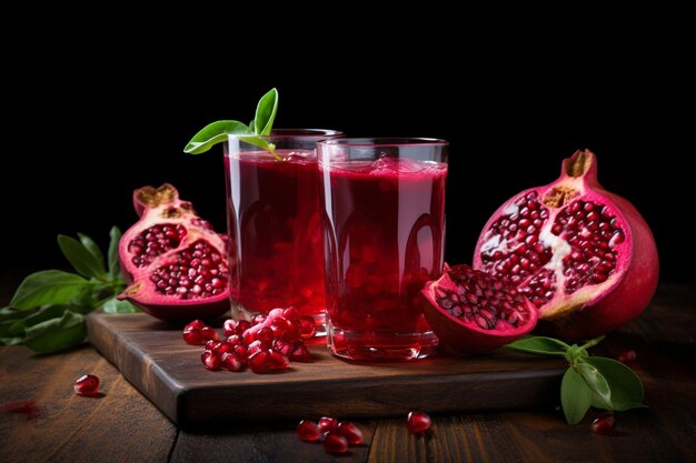 Two glass cups of fresh pomegranate juice on wooden board