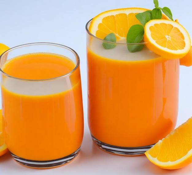 two glass of freshly squeezed orange juice with oranges