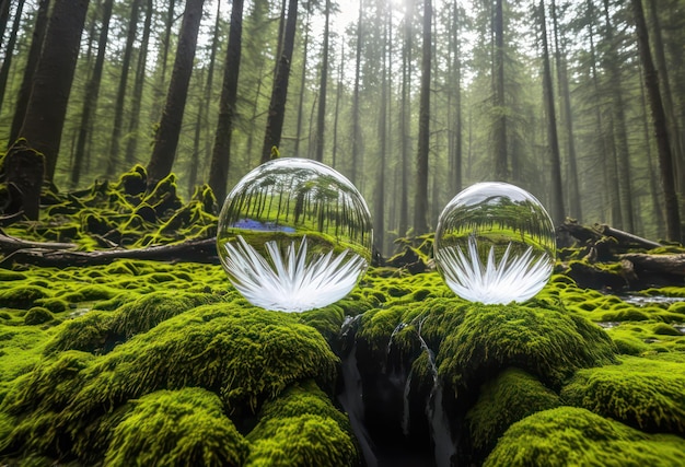 Two glass spheres sit on a mossy forest floor.