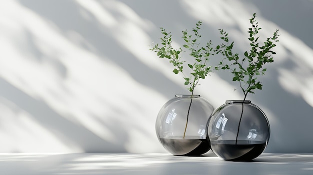 Photo two glass vases with greenery on a white background with shadows