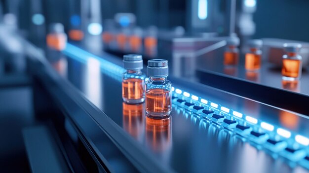 Photo two glass vials on a conveyor belt in a sterile pharmaceutical production facility