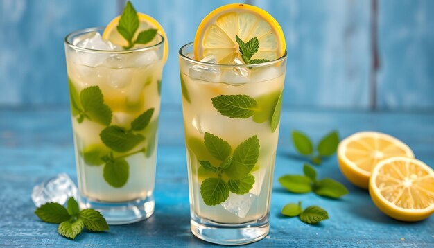 Photo two glass with lemonade or mojito cocktail with lemon and mint cold refreshing drink or beverage