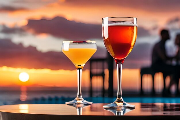 two glasses of alcohol with a sunset in the background