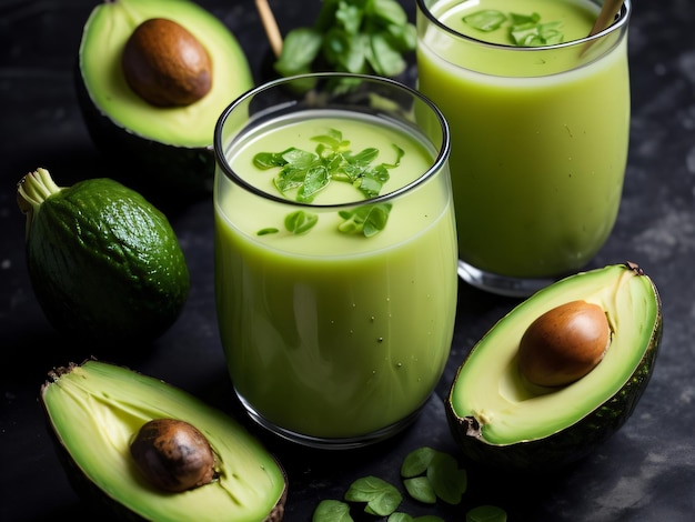 Two glasses of avocado smoothies with avocado on a black background.