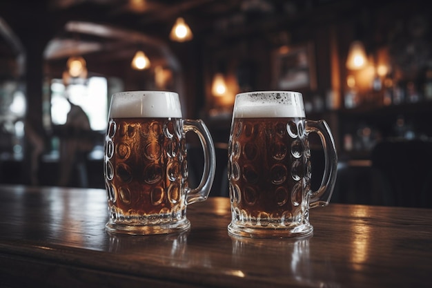 Two glasses of beer on a bar counter, one of which says'beer '