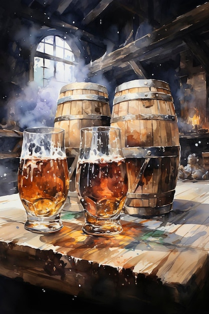 Two glasses of beer and barrel on a wooden table in the cellar Watercolor painting