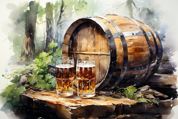 Two glasses of beer and a barrel on a wooden table in the forest Watercolor ilustration