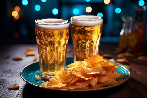 Two glasses of beer and chips on a wooden background Closeup Food drinks Celebration party