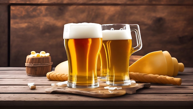 Two glasses of beer sit on a table with a basket of bread and a basket of cheese.