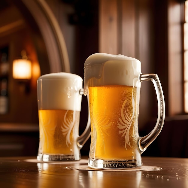 Photo two glasses of beer sit on a table with the words  budwei  on the top