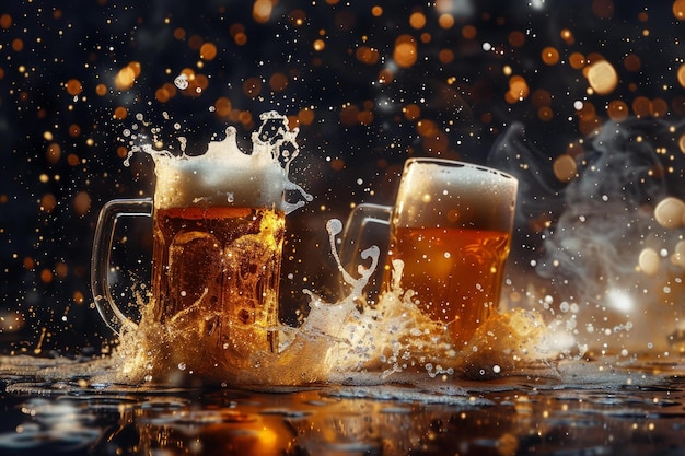 Two glasses of beer splashing and making foam on a table on a party