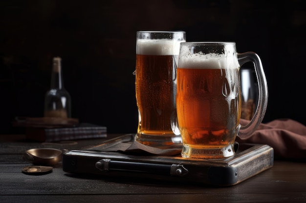 Two glasses of beer on a tray with a bottle of alcohol on the table.