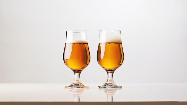 Two glasses of beer on a white table with a white background