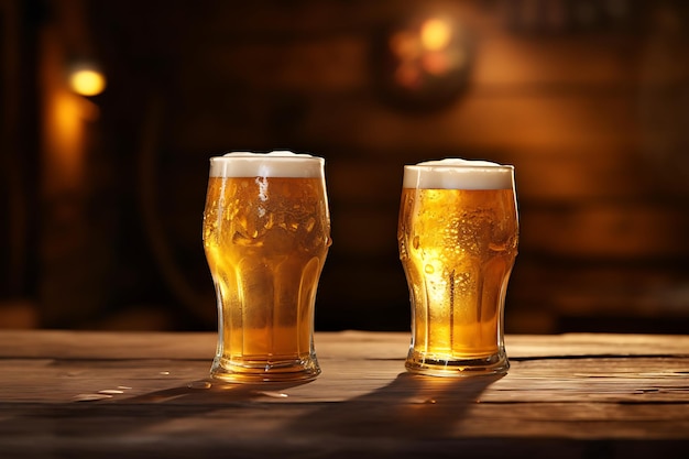 Two glasses of beer on a wooden table in a pub ai generated