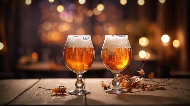 Two glasses of beer on a wooden table with bokeh lights in the background Autumn dry leaves on the table