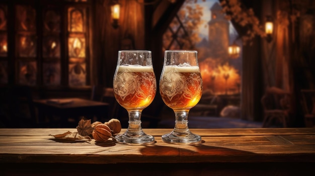 Two glasses of beer on a wooden table with bokeh lights in the background Autumn dry leaves on the table