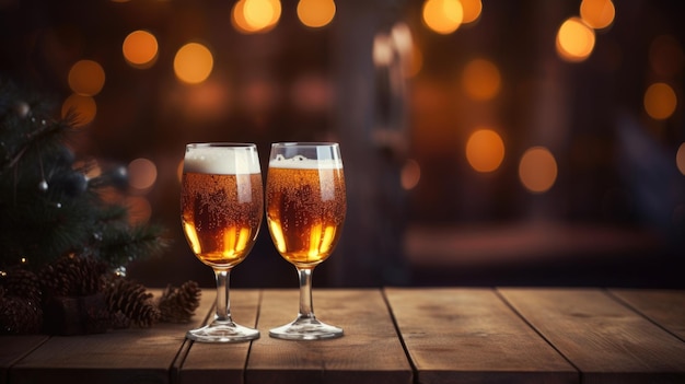 Two glasses of beer on wooden table with Christmas lights bokeh background Elements of Christmas decoration on the table