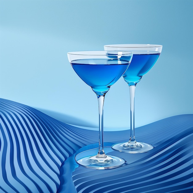 two glasses of blue liquid are on a table with a blue background