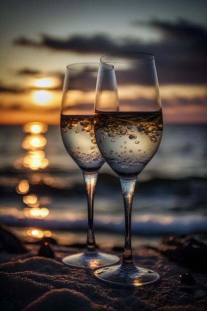 Two glasses of champagne on the beach at the sunset Romantic evening on a beach with sparkling wine