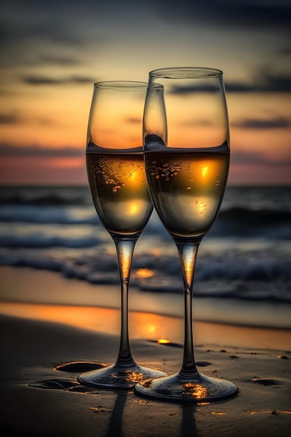 Two glasses of champagne on the beach at the sunset Romantic evening on a beach with sparkling wine