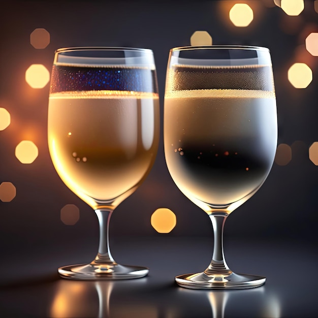 Two glasses of champagne over blur spots lights background Celebration concept