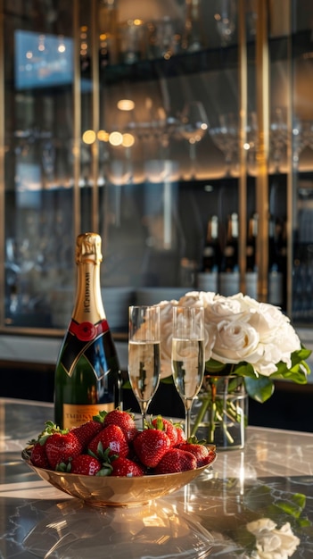 Two glasses of champagne and a dish of strawberries stand on a marble table