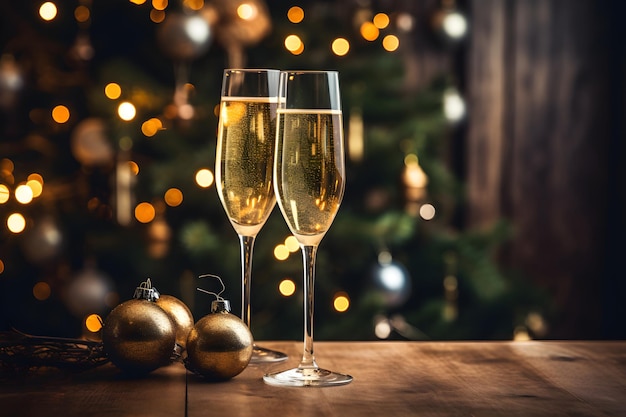 Two Glasses of Champagne in Front of a Christmas Tree