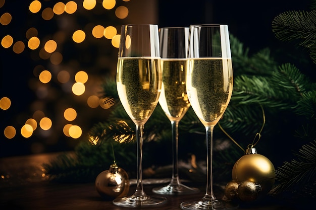 Two Glasses of Champagne in Front of a Christmas Tree