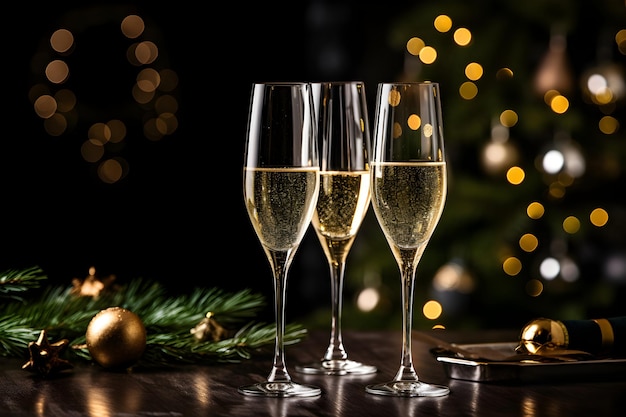 Two Glasses of Champagne in Front of a Christmas Tree