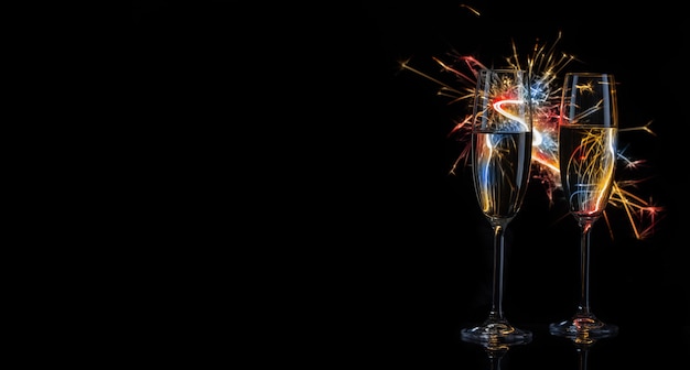 Two glasses of champagne and multicolored sparklers on a black background. Christmas or celebration concept