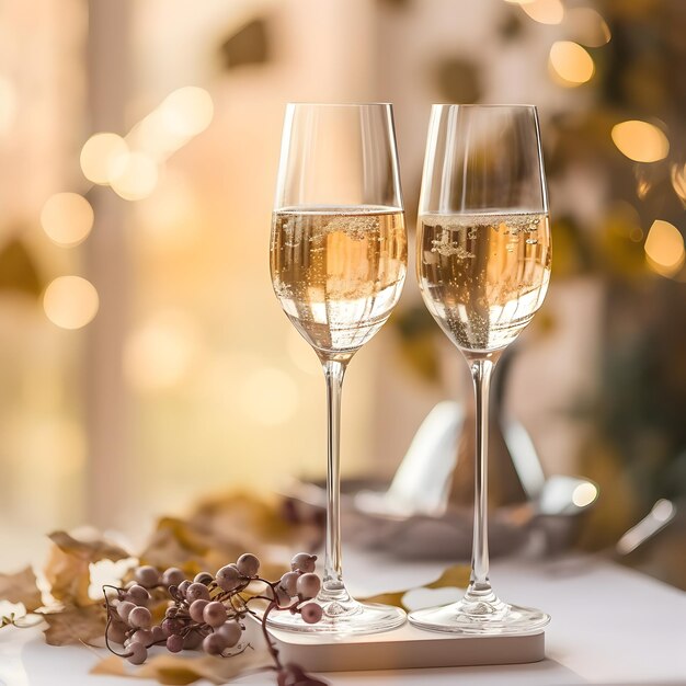 Two glasses of champagne and pink sorbus berries on light pink wooden board over blurred background with bokeh lights Romantic illustration with sparkling wine Wedding concept AI