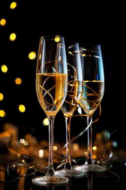 Two glasses of champagne on a table in a festive atmosphere