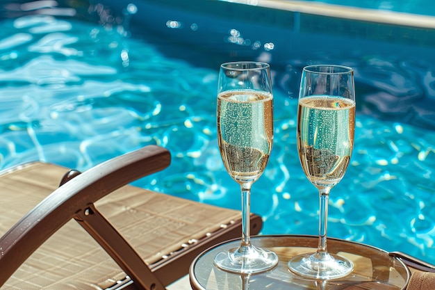 two glasses of champagne on a table near a brown sun lounger in a pool with blue water view from the hotel