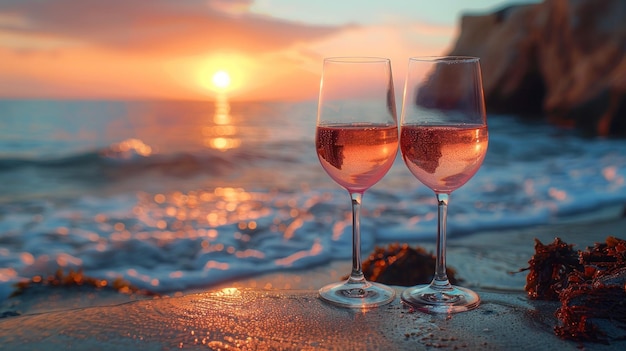 Two glasses of champagne on a table sea at sunset Selective focus