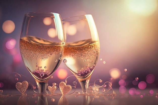 Two glasses of champagne with bubbles and hearts generative AI