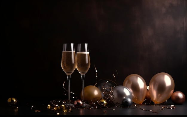 Two glasses of champagne with christmas balls on a table