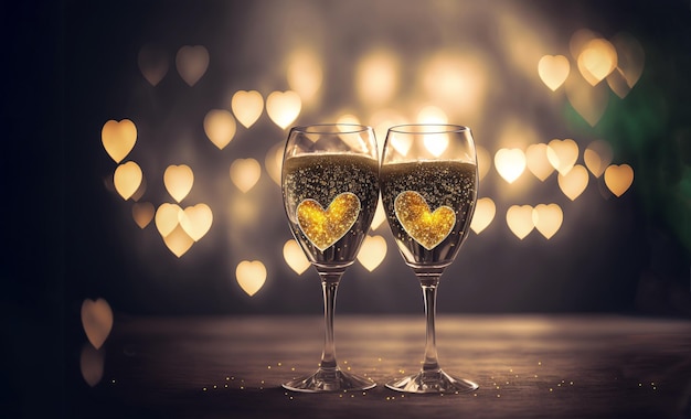 Two glasses of champagne with a heart shaped heart in the middle of them.