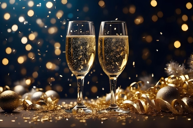 Two glasses of champagne with lights Luxury celebration new year or holidays background