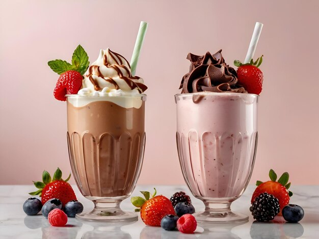 Two glasses of chocolate milkshake with strawberries and strawberries