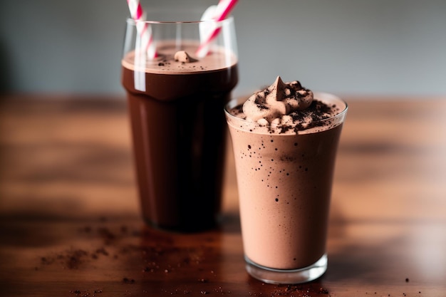 Two glasses of chocolate milkshake on a wooden table.