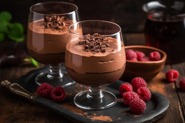 Two glasses of chocolate mousse with raspberries on a tray